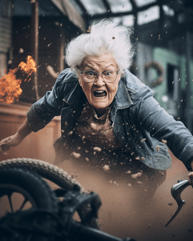 Old Grandma Stuntman Commercial Photo Free Midjourney Prompt 2