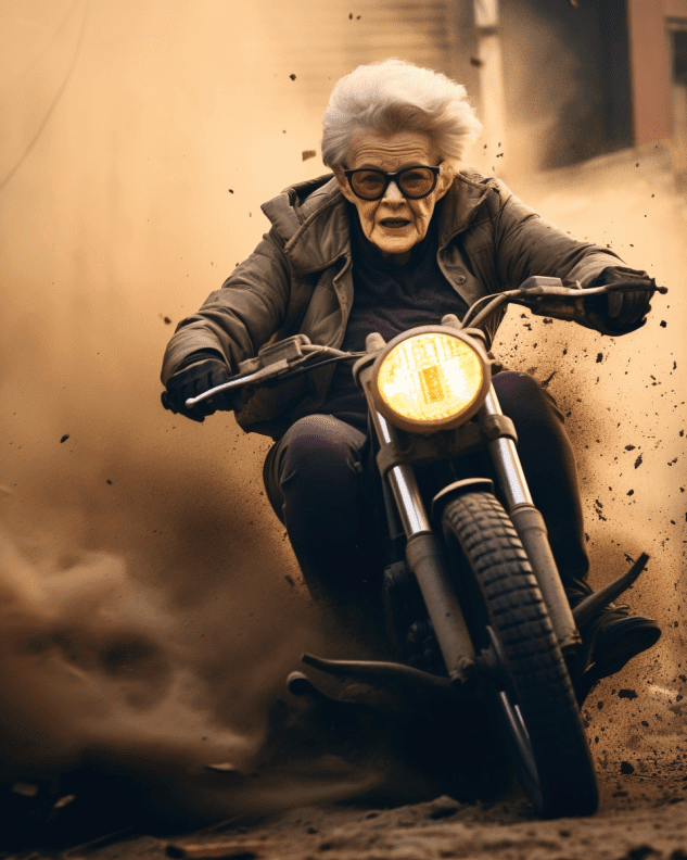 Old Grandma Stuntman Commercial Photo Free Midjourney Prompt 3