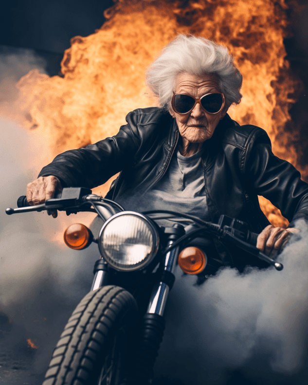 Old Grandma Stuntman Commercial Photo Free Midjourney Prompt 4