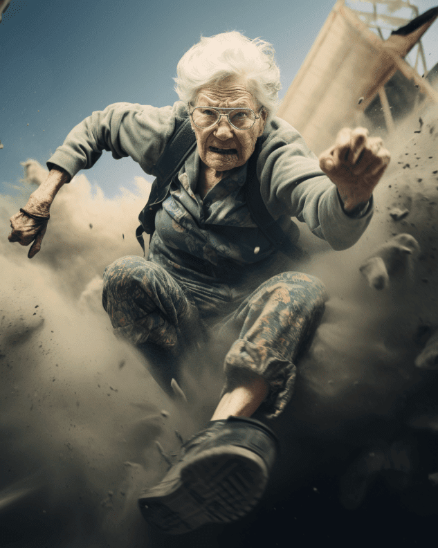 Old Grandma Stuntman Commercial Photo Free Midjourney Prompt 5