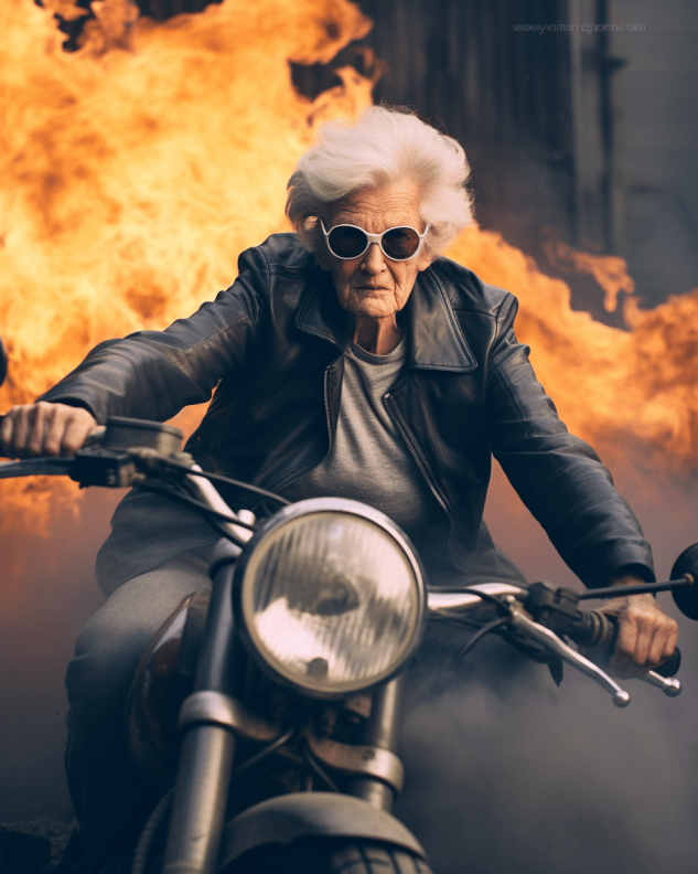 Old Grandma Stuntman Commercial Photo Free Midjourney Prompt 6