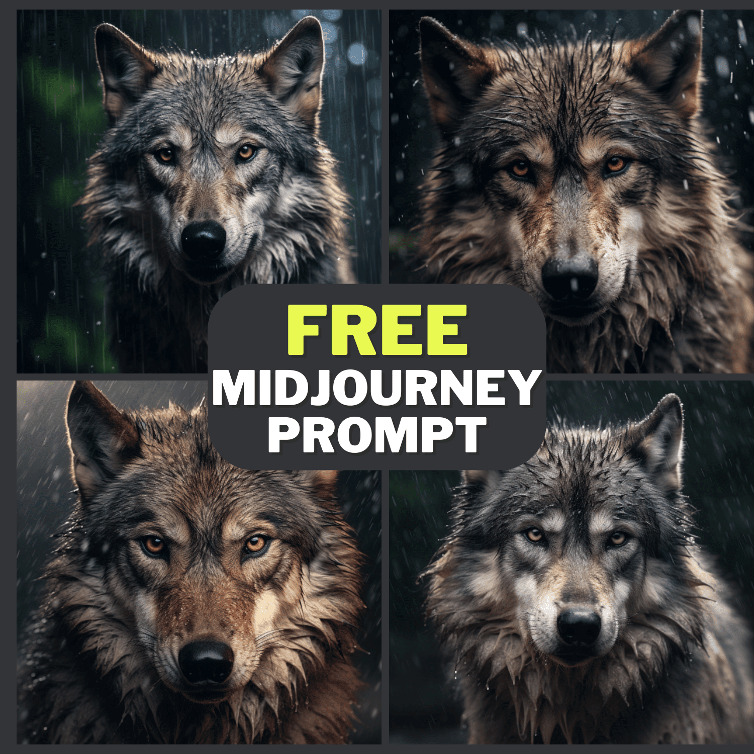 Portrait Of Wolf In Rain Free Midjourney Prompt 1