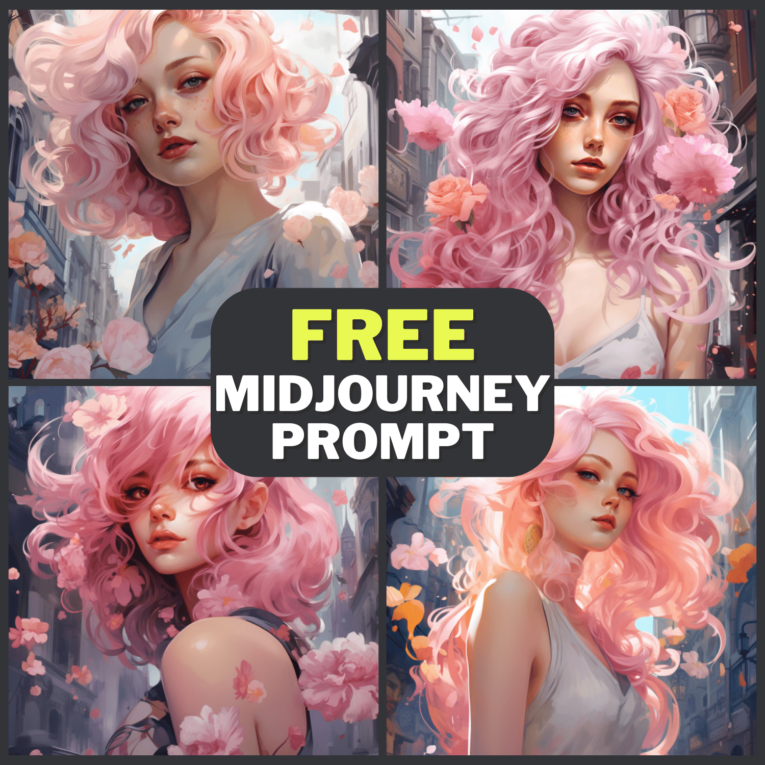 Stylized Girl With Pink Hair City Portrait Free Midjourney Prompt 1
