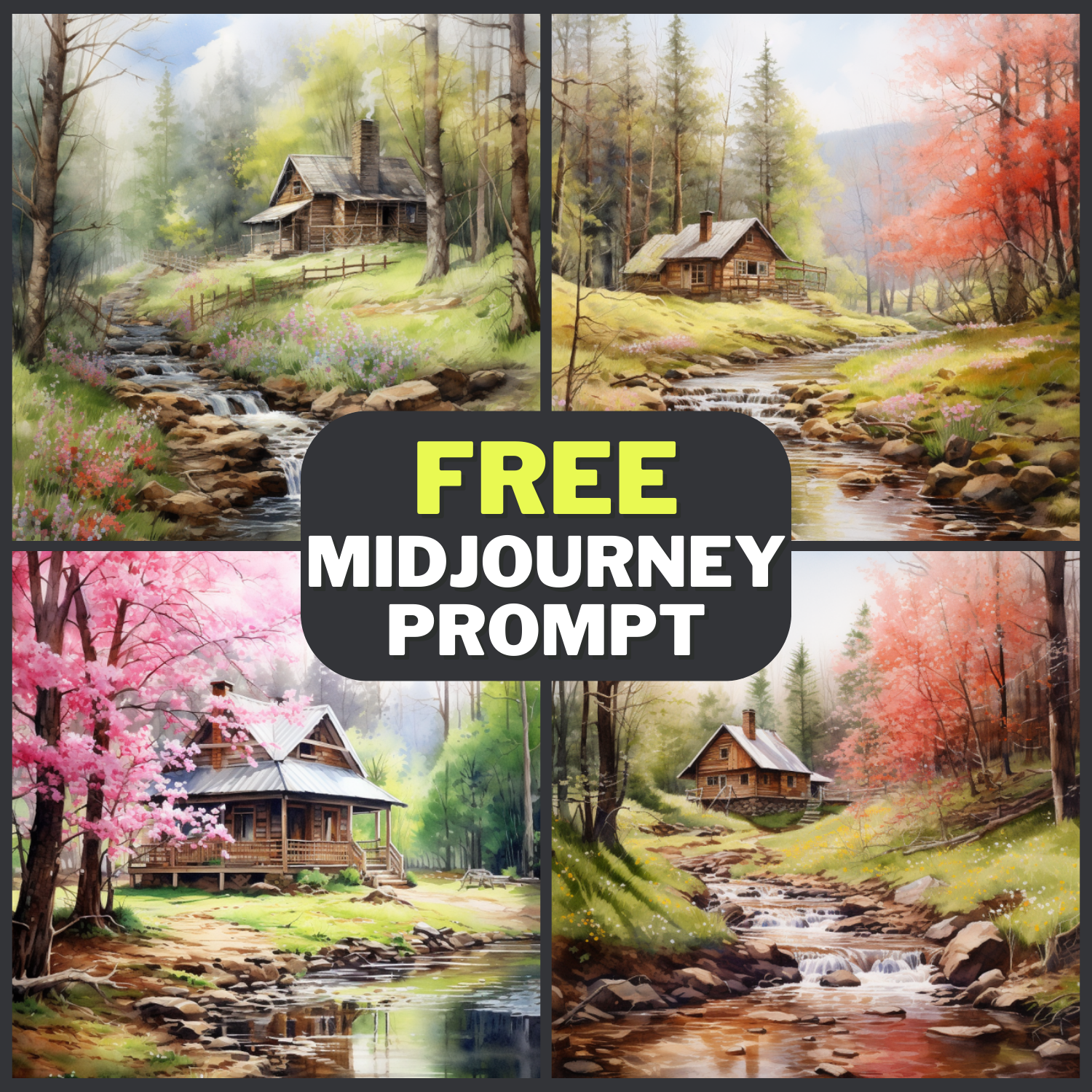 Woods Cabin Watercolor Painting Free Midjourney Prompt 1