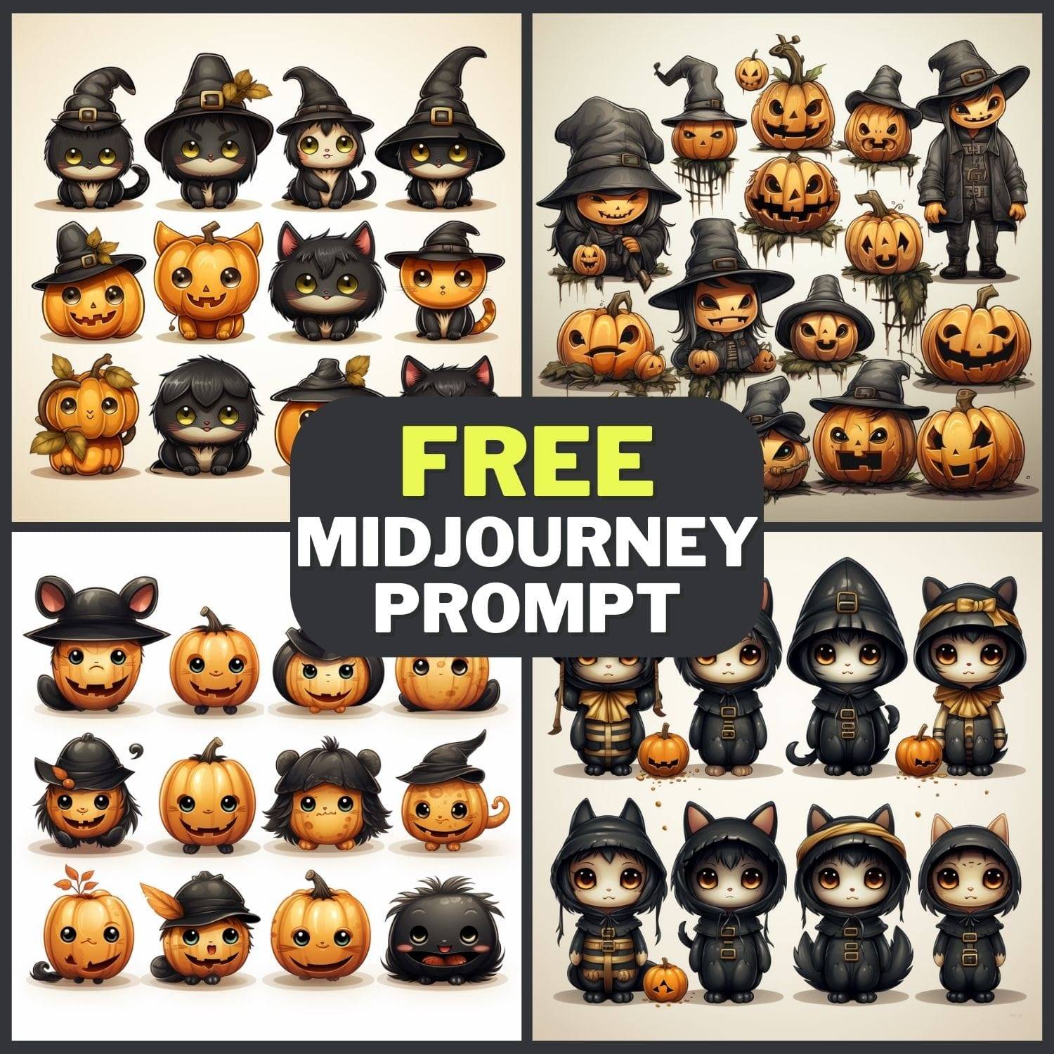 Cute Halloween Characters Illustration Collection Free Midjourney Prompt 1