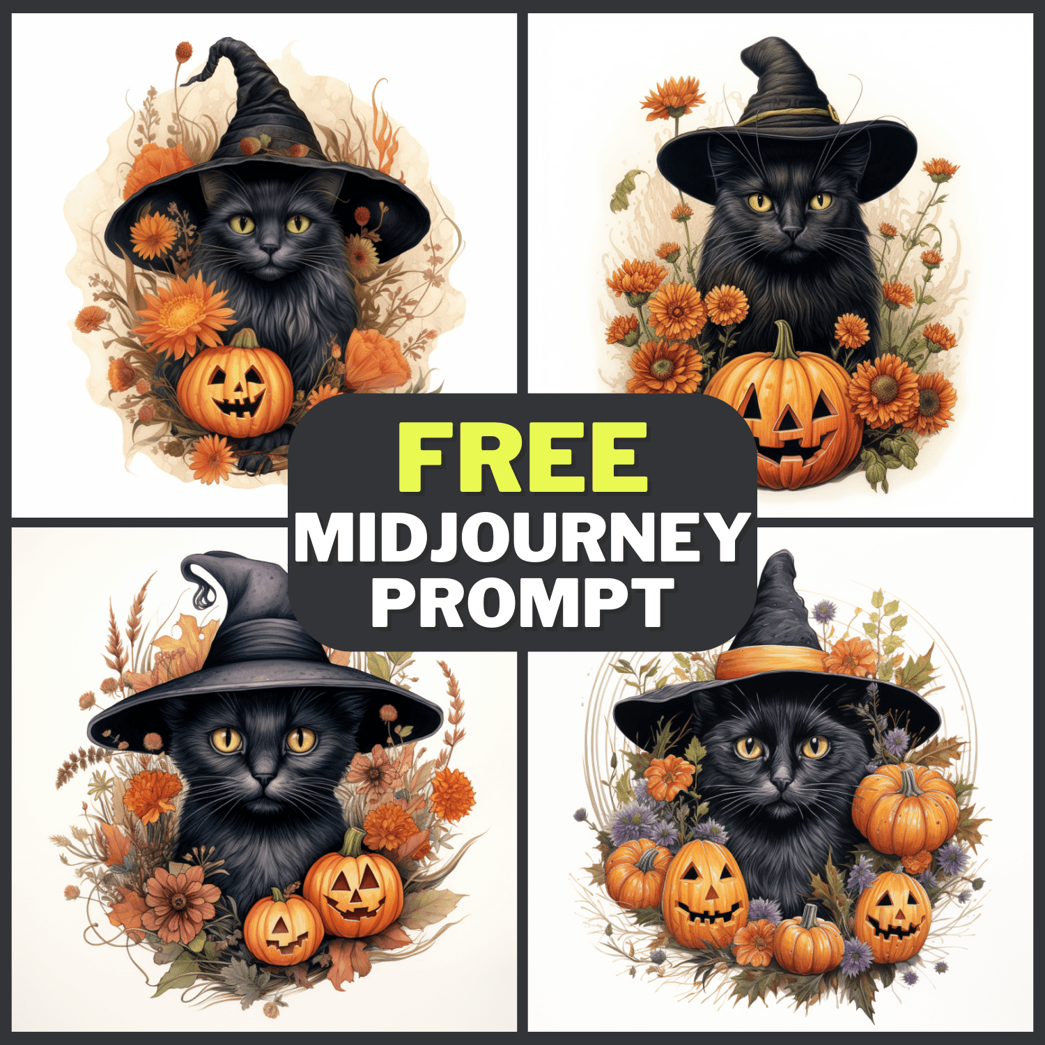 Halloween Black Cat With Pumpkins And Flowers Free Midjourney Prompt 1