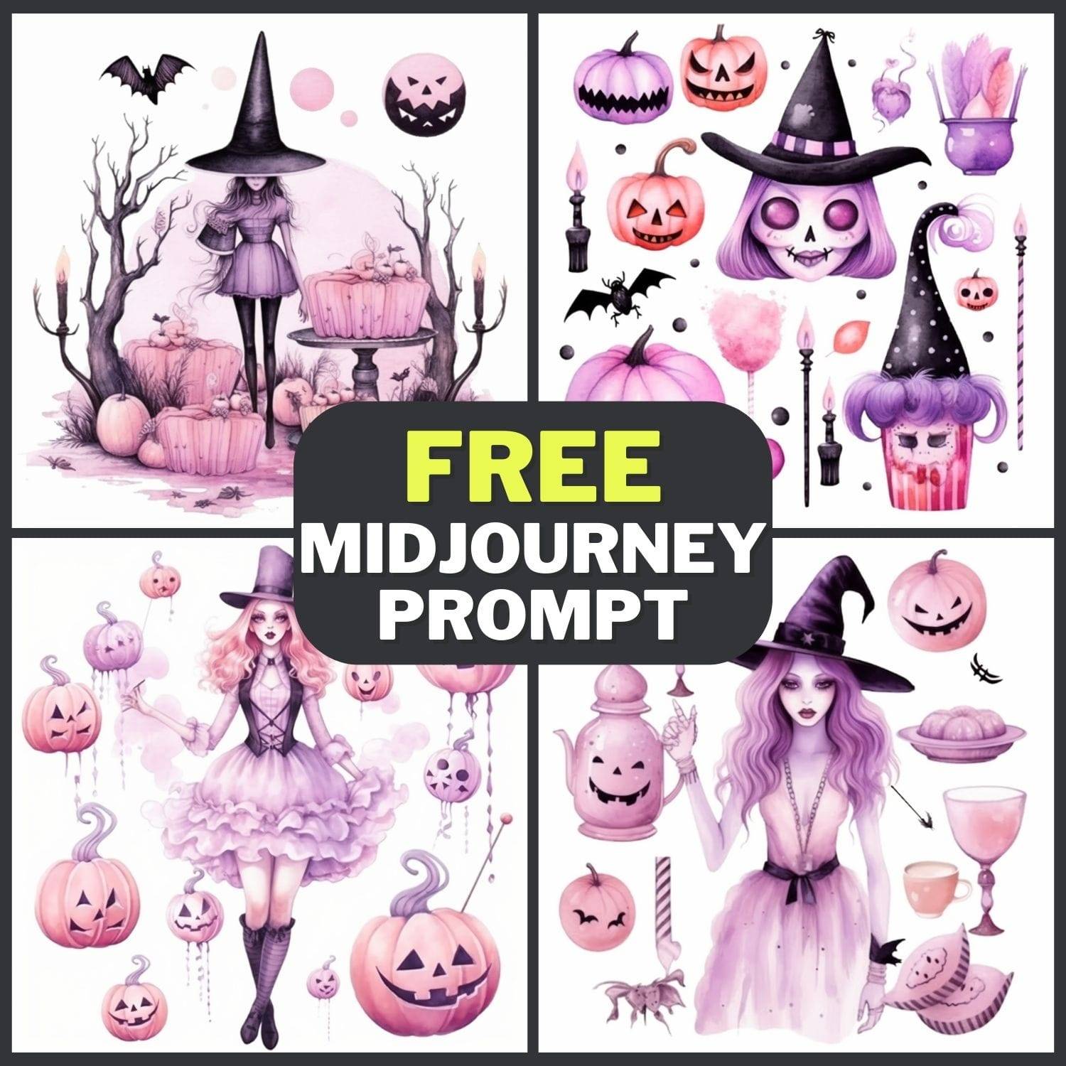 Pastel Pink Halloween Watercolor Clipart Free Midjourney Prompt 1