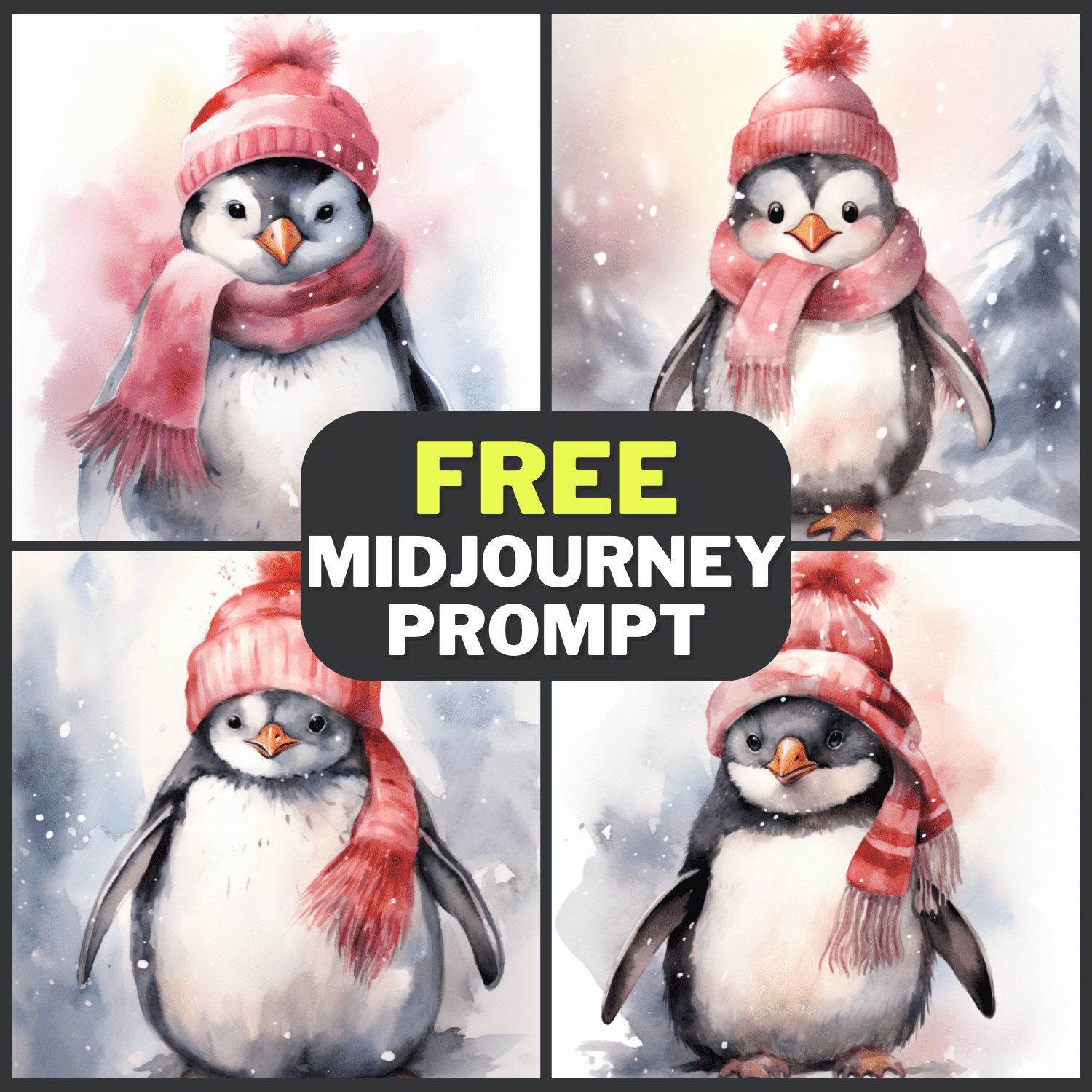 Watercolor Winter Hat And Scarf Penguin Free Midjourney Prompt 1